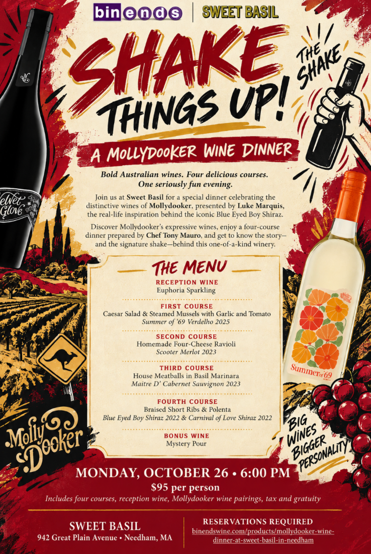 Mollydooker Wine Dinner at Sweet Basil in Needham!
