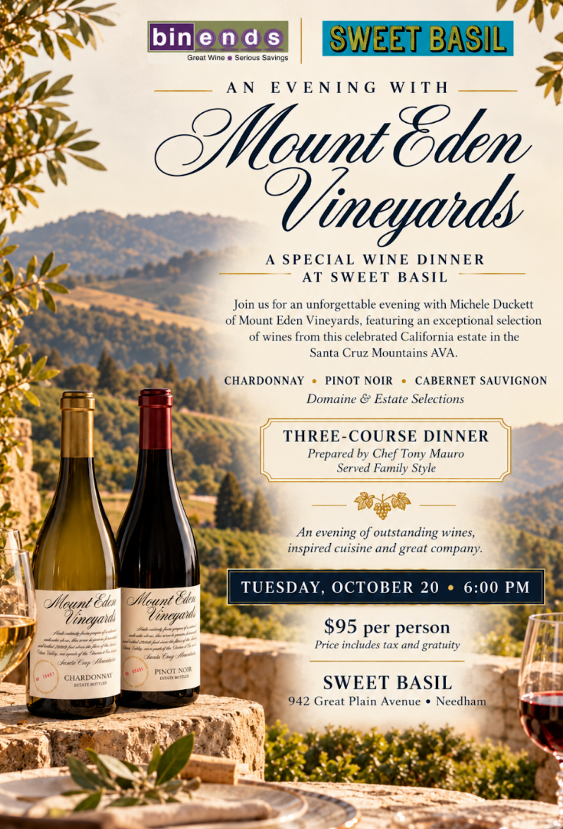 Mount Eden Vineyards Dinner at Sweet Basil in Needham!